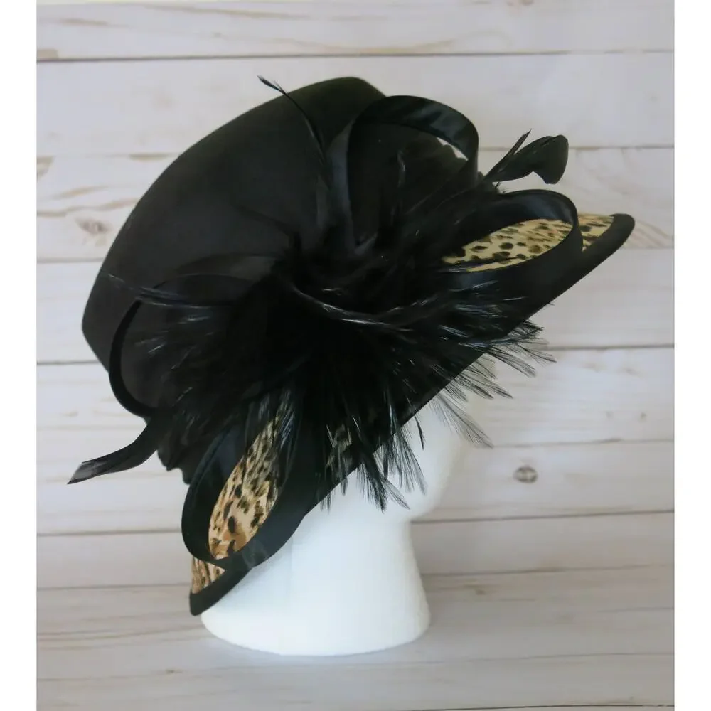FINE MILLINERY Collection August Wool Hat  Feathers Black/Leopard Print Mob Wife